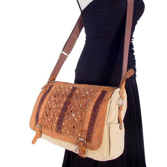 SUNDANCE Anabaglish Canvas/Leather Large Distressed Messenger Bag - MINT - Picture 2 of 11